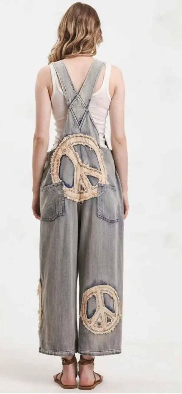 Blue Velvet Peace Patch & Floral Embroidered Denim Overalls - Picture 2 of 5